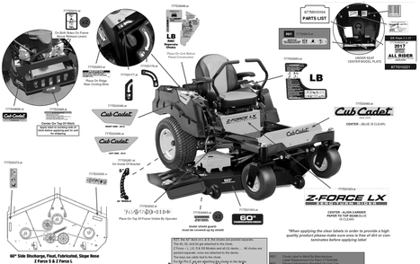 Label Map Diagram and Parts List for Z-FORCELX60KW (17AIDAUD010)(2018) Cub Cadet Lawn Tractor